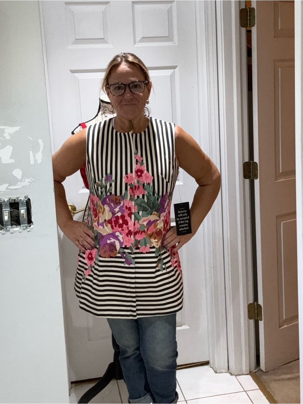 Tuckernuck Black & White Striped Tunic with Pink and Purple Floral Print
